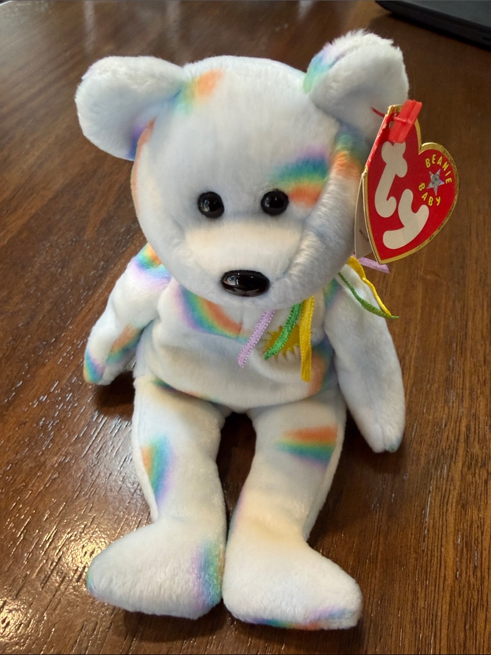 Ty Rainbow Spot White Bear Plush with Multicolor Accents